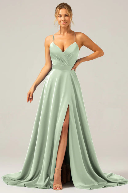 omberprom Dark Green A Line Prom Dresses Spaghetti Straps Pleated Satin Maxi Dress with Slit