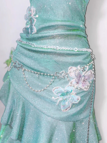 Fashion Mint Green Sparkling Sequin Spaghetti Strap Ruffled Hem Short 16th Birthday Party Dress Homecoming Dress TP4039