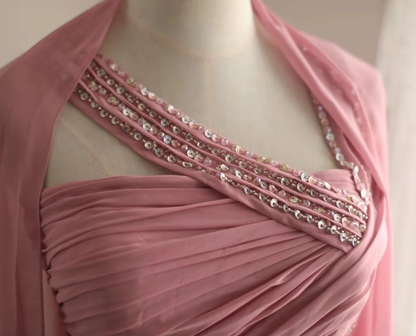 Pretty Pink Chiffon Beaded Mermaid Long Party Dress Evening Gown