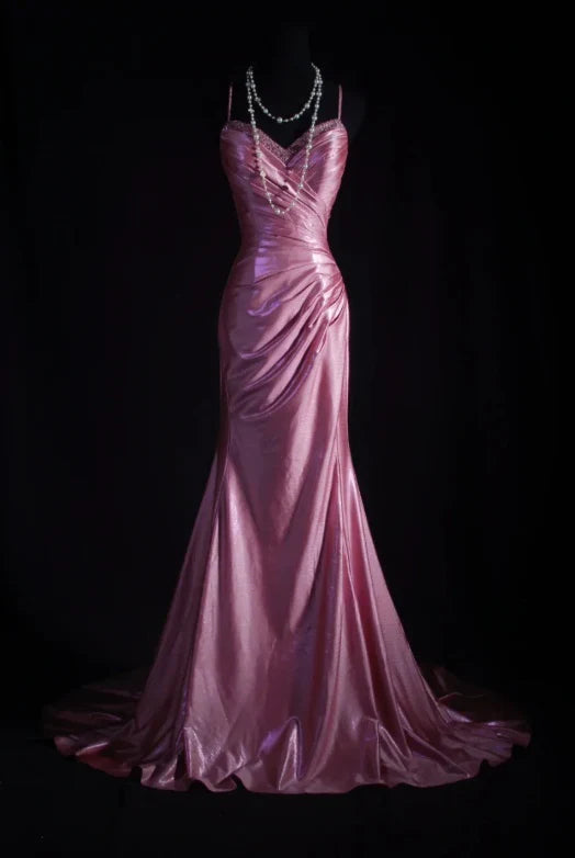 Vintage Rose Pink Satin Mermaid Evening Gown Spaghetti Strap Sweetheart Prom Dress TP5147