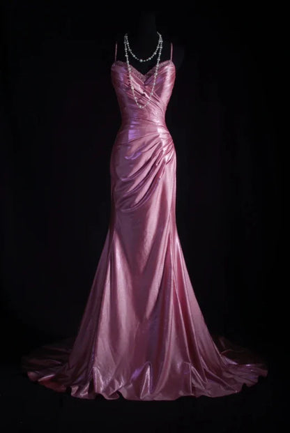 Vintage Rose Pink Satin Mermaid Evening Gown Spaghetti Strap Sweetheart Prom Dress TP5147