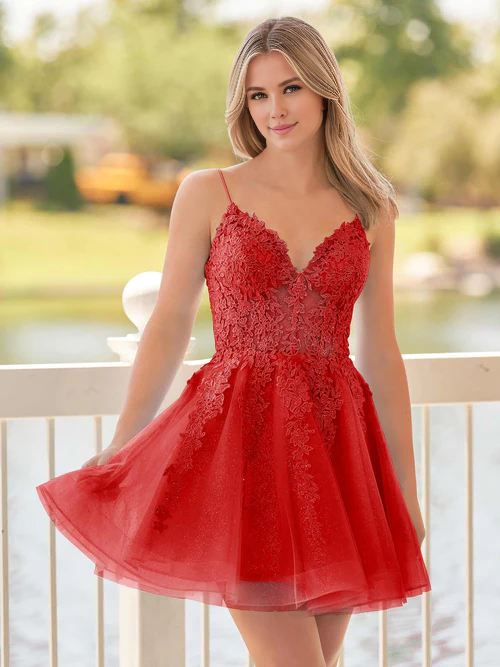 omberprom A-Line Short Graduation Dresses Spaghetti-Straps Blue Homecoming Dress With Appliques