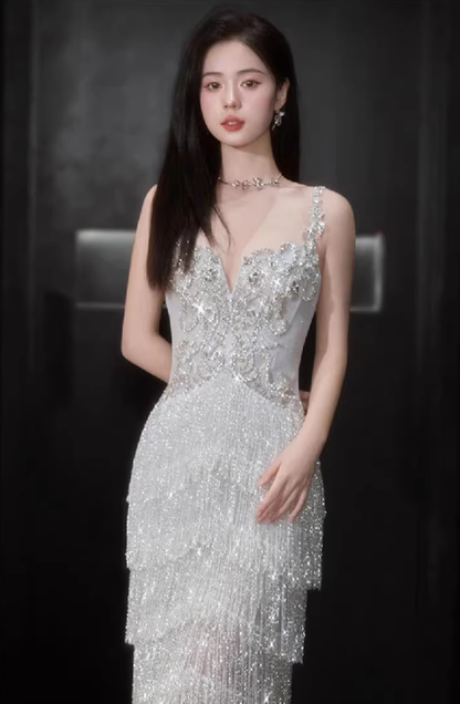 Glitter Spaghetti Straps Silver Satin Beaded Layered Tassel Long Party Dress Evening Gown