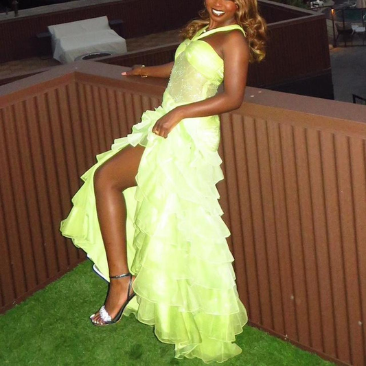 Chic Halter Lemon Green Beaded Tulle Ruffles Layered Slit Long Party Dress Mermaid Evening Gown