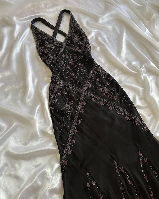Black Chiffon Beaded Evening Dress Classy Backless Mermaid Prom Dress Y8297