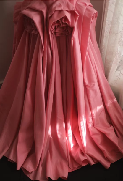 Elegant Spaghetti Straps Pink Satin Pleated Floral Mermaid Long Party Dress Birthday Evening Gown