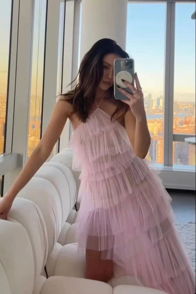 PM096,New Style Halter Ruffles Tulle Prom Dress With Slit, Charming Long Party Dress