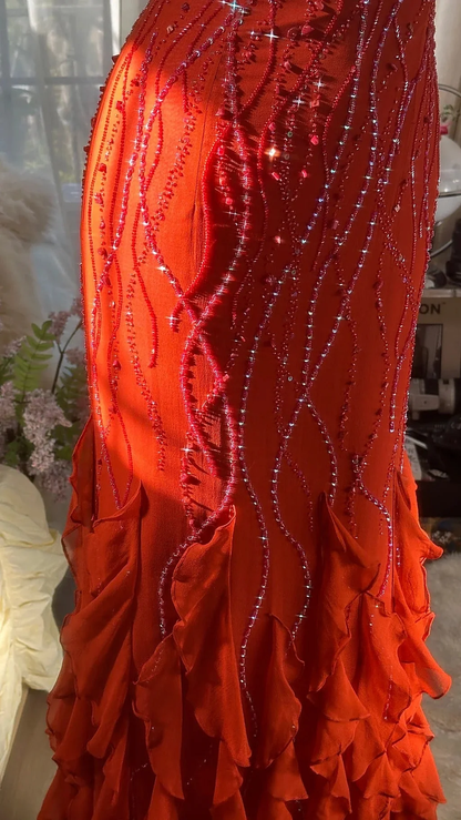 Luxury Chiffon Ruffles Prom Dress,Spaghetti Straps Beaded Party Evening Dress Y8715