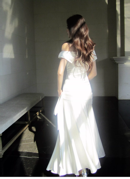 Charming Off The Shoulder White Satin Pleated Mermaid Long Evening Dress Birthday Dress SP1642