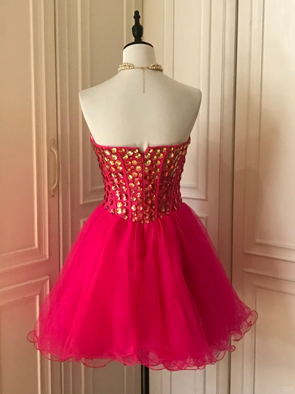 Charming Sweetheart Neck Red tulle Beaded Cocktail Dress Short Homecoming Dress Y9055