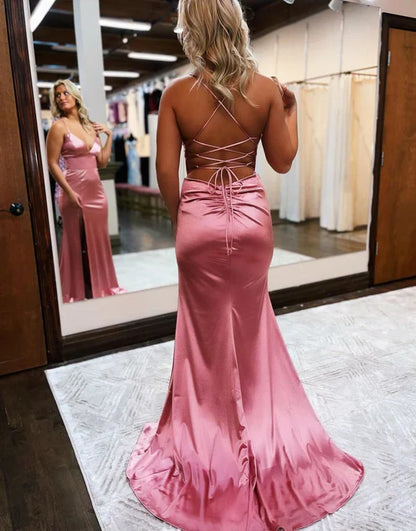 omberprom Elegant Mermaid Evening Dress Spaghetti Straps Satin Prom Dress with Slit
