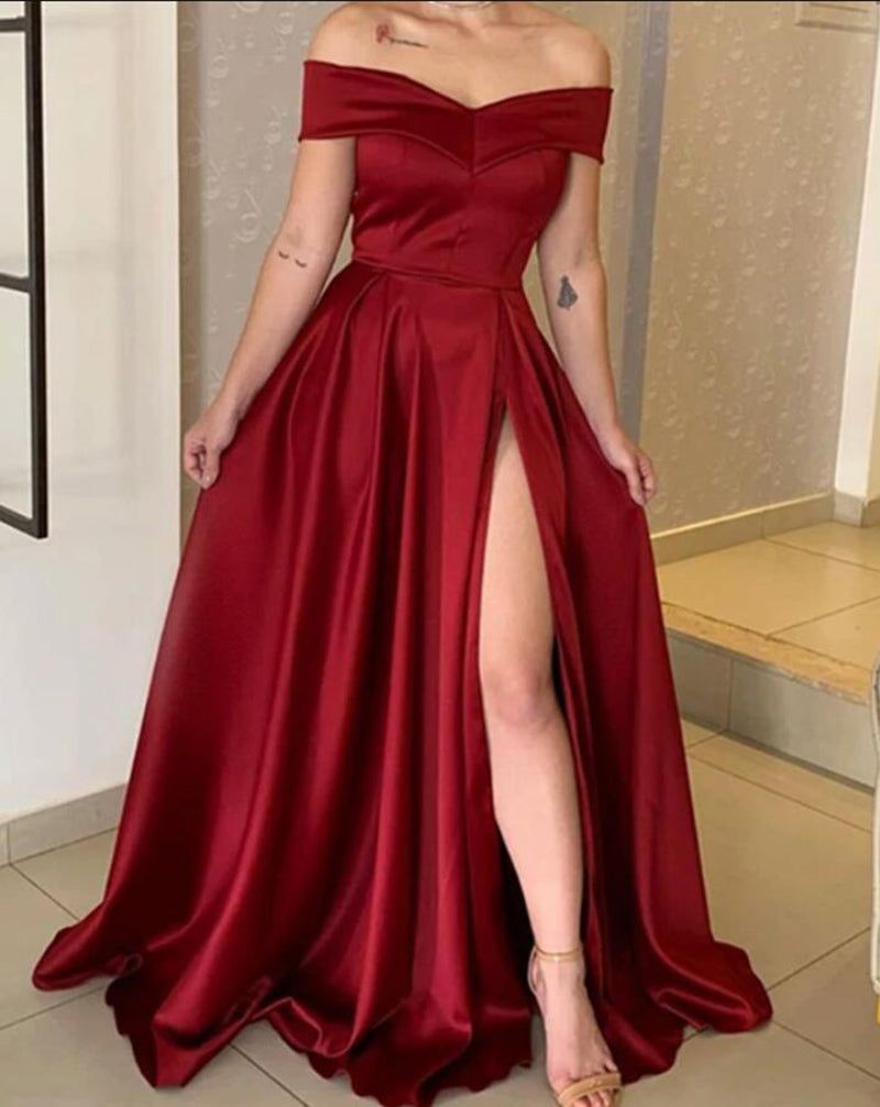 Elegant Satin Wedding Party Outfits A-line Long Split Prom Dresses