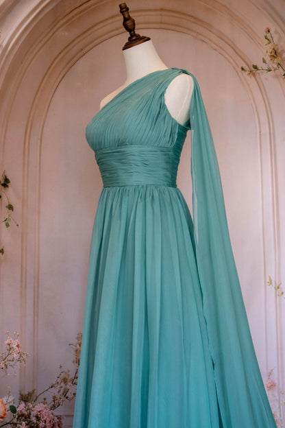 Elegant A Line One Shoulder Green Long Prom Dress with Ribbon