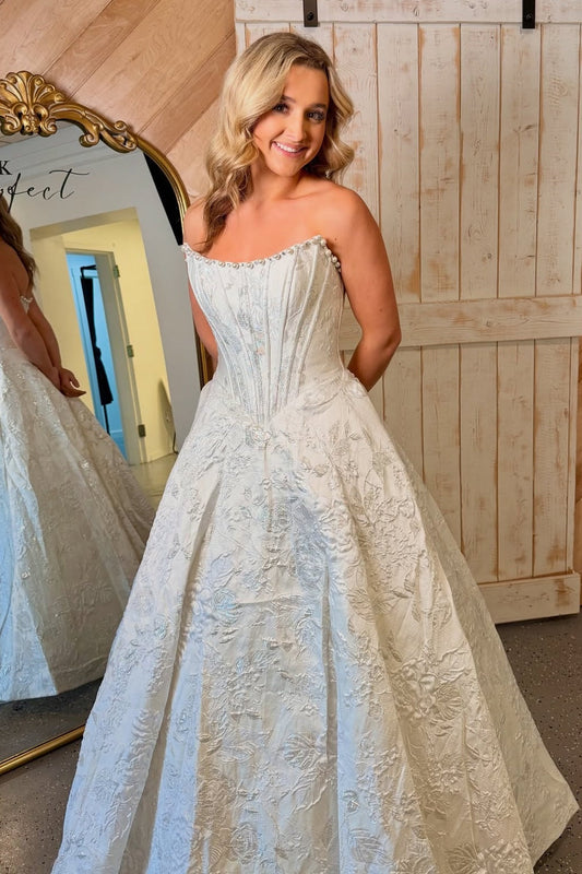 Elegant A Line Strapless White Corset Prom Dress with Embroidery