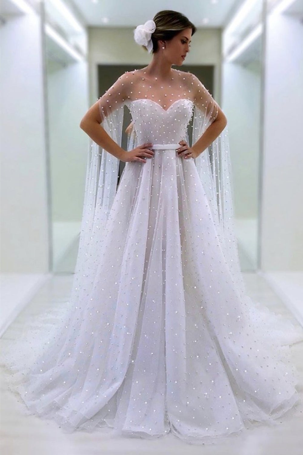 Elegant Beaded White Long Prom Dresses, White Gala Gight Dress, Long White Beaded Evening Dresses