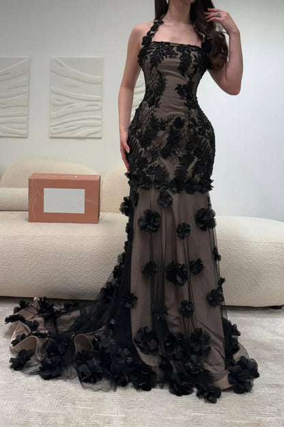 Elegant Black Illusion Floral Halter Mermaid Prom Dress with 3D Appliques