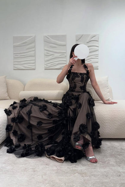 Elegant Black Illusion Floral Halter Mermaid Prom Dress with 3D Appliques