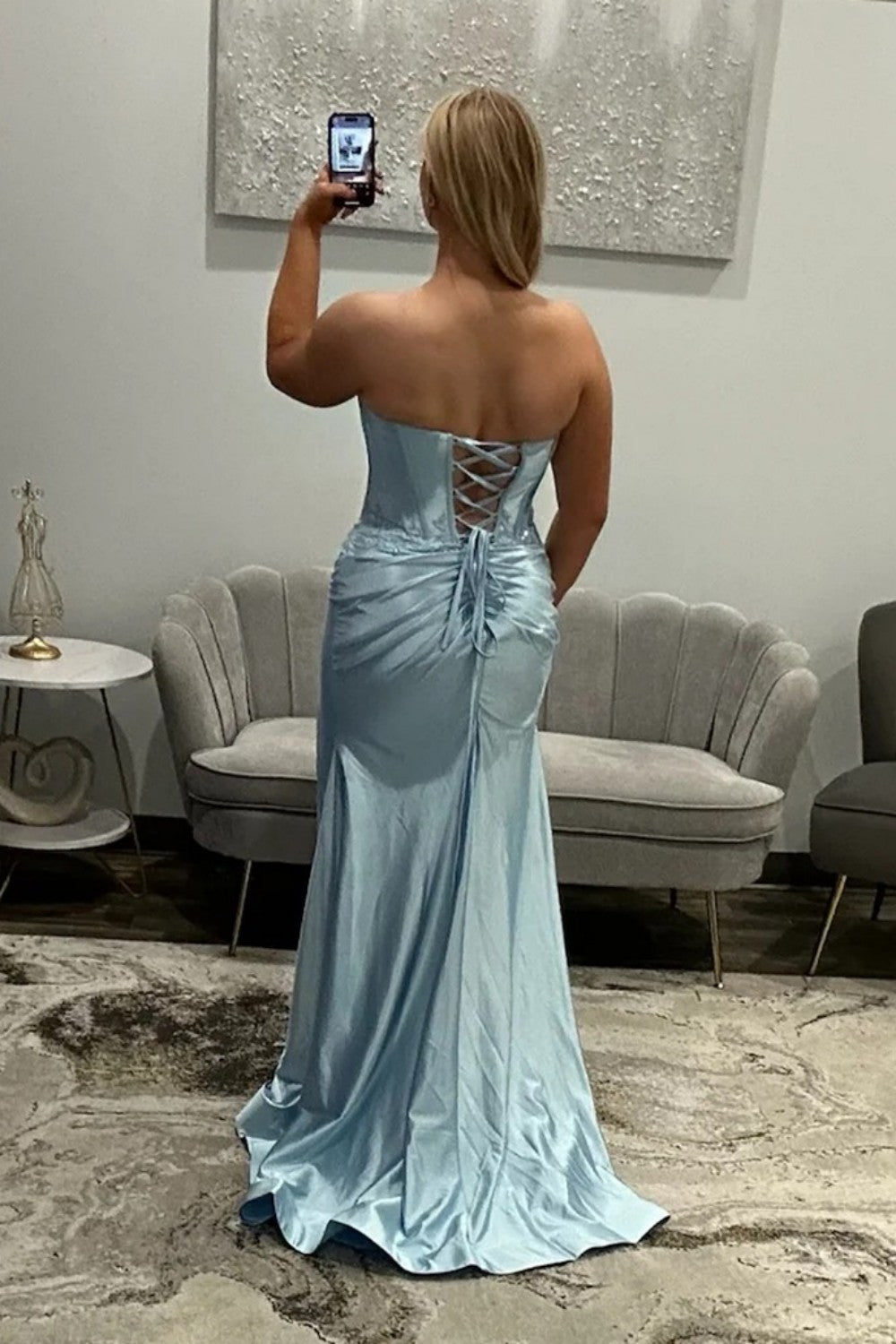 Elegant Black Lace Bodice Sweetheart Lace Up Prom Evening Gown with Slit