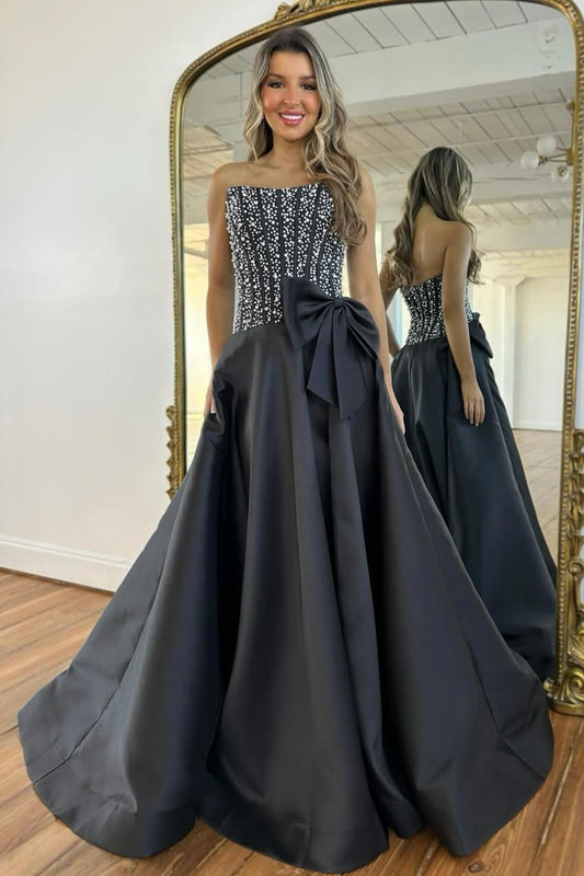 Elegant Black Satin Strapless Beaded Corset A-Line Prom Dress with Bow