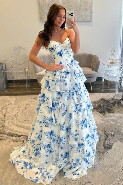 Elegant Blue Floral Sweetheart Tiered Prom Dress with Corset Bodice