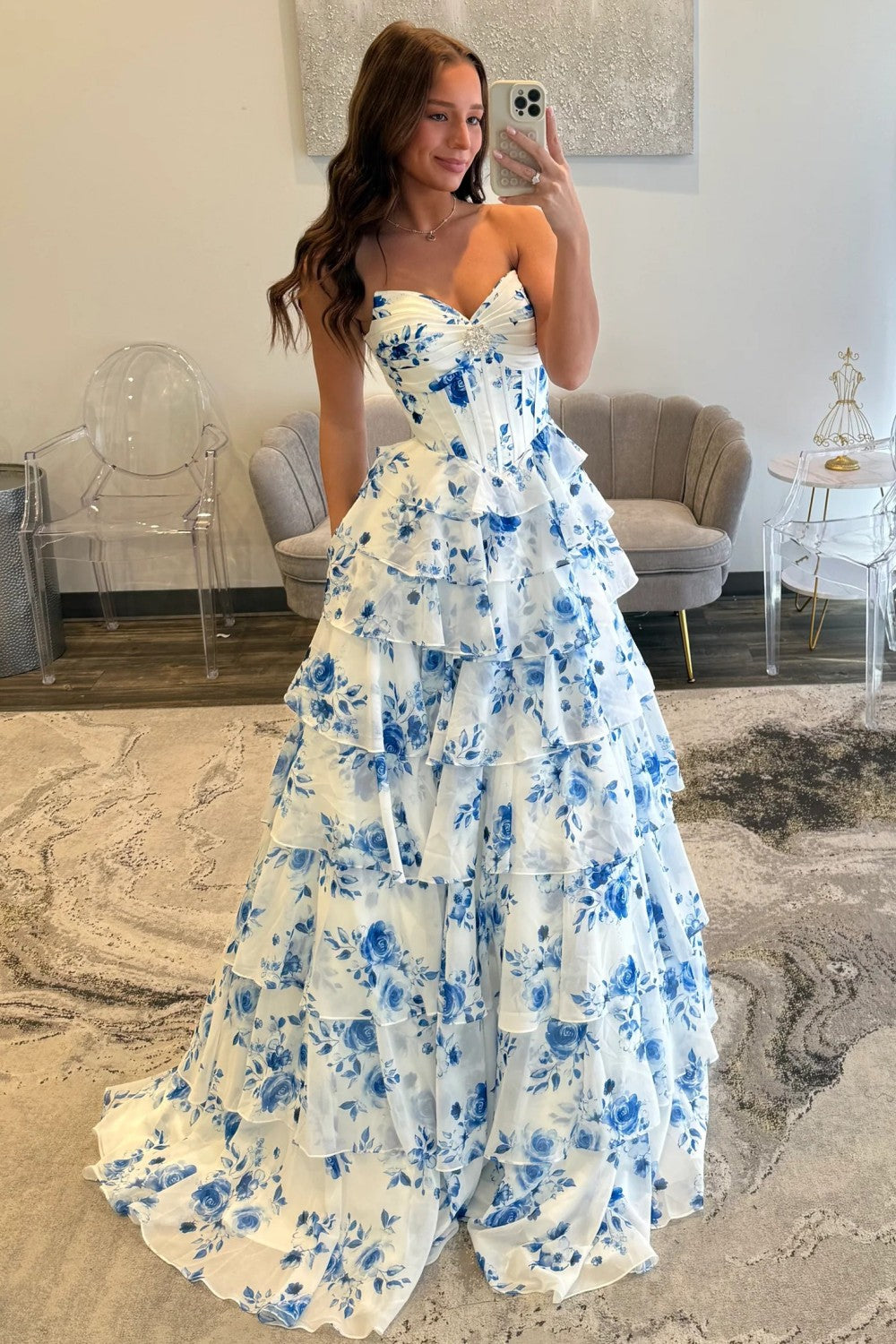 Elegant Blue Floral Sweetheart Tiered Prom Dress with Corset Bodice