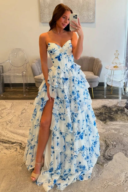 Elegant Blue Floral Sweetheart Tiered Prom Dress with Corset Bodice