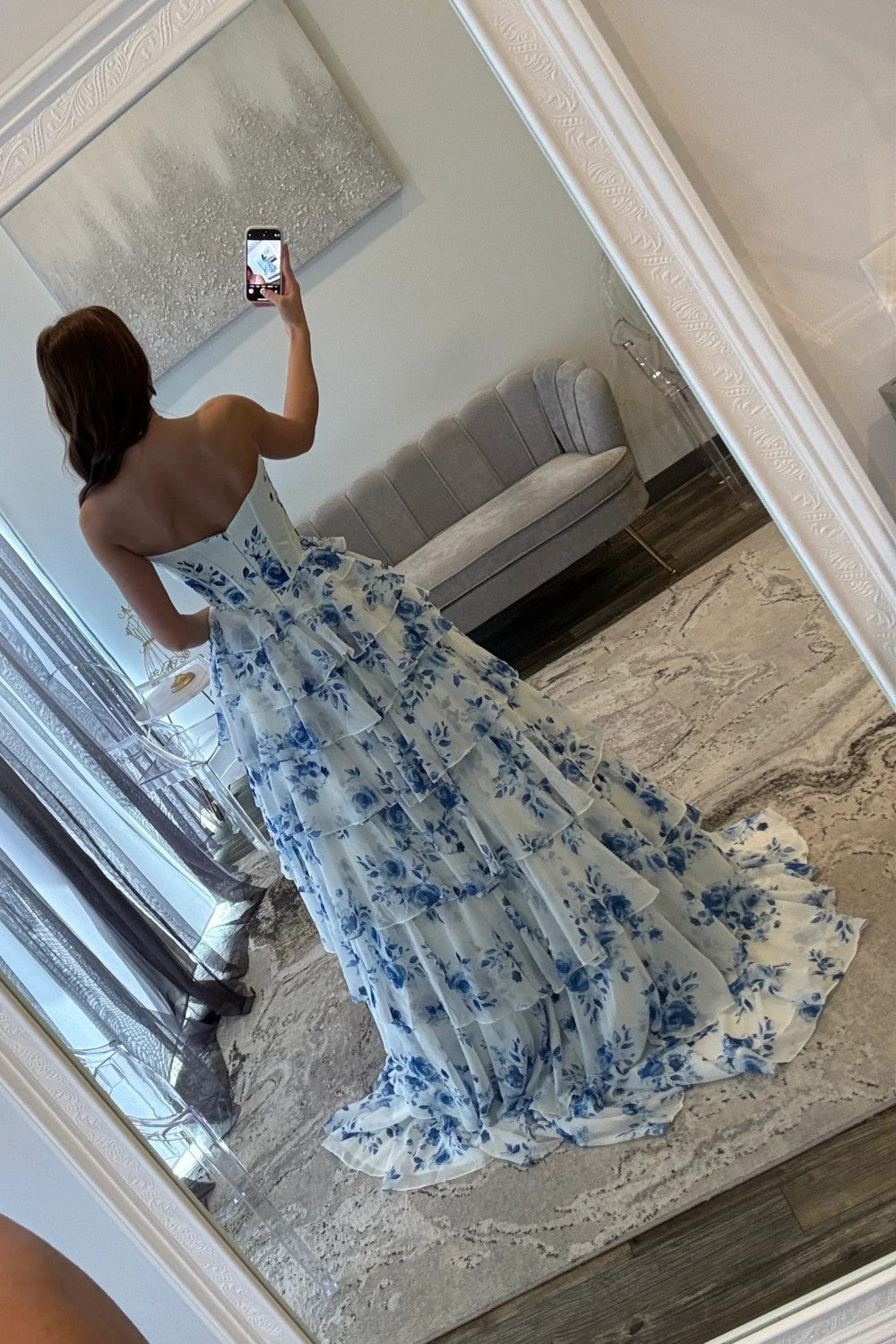 Elegant Blue Floral Sweetheart Tiered Prom Dress with Corset Bodice