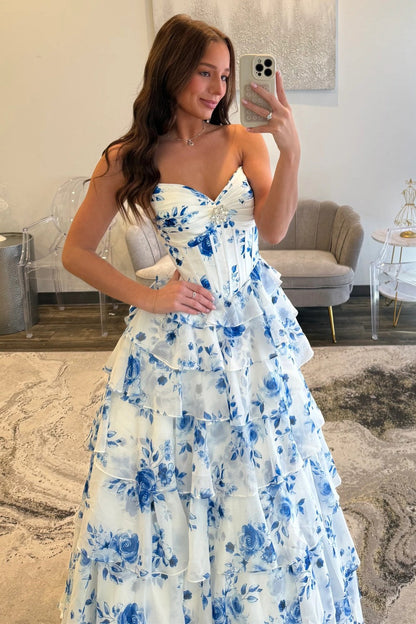 Elegant Blue Floral Sweetheart Tiered Prom Dress with Corset Bodice