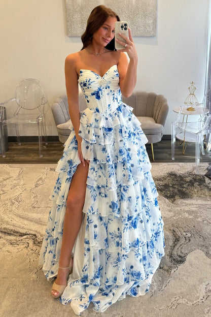 Elegant Blue Floral Sweetheart Tiered Prom Dress with Corset Bodice