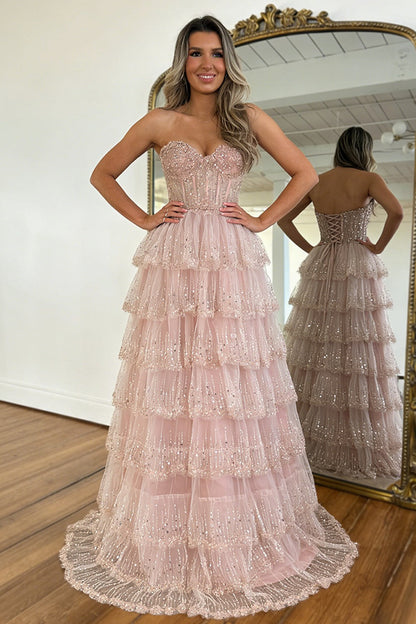 Elegant Blush Pink Sweethear Lace Up Tiered Tulle Prom Dress with Sparkle