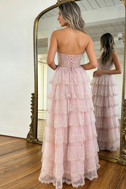Elegant Blush Pink Sweethear Lace Up Tiered Tulle Prom Dress with Sparkle
