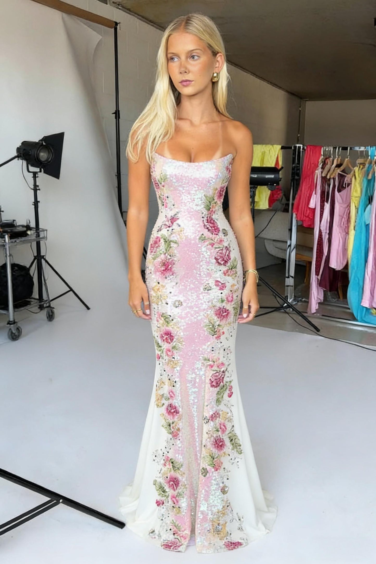 Elegant Floral Sequin Strapless Prom Dress with Pink and White Detailing