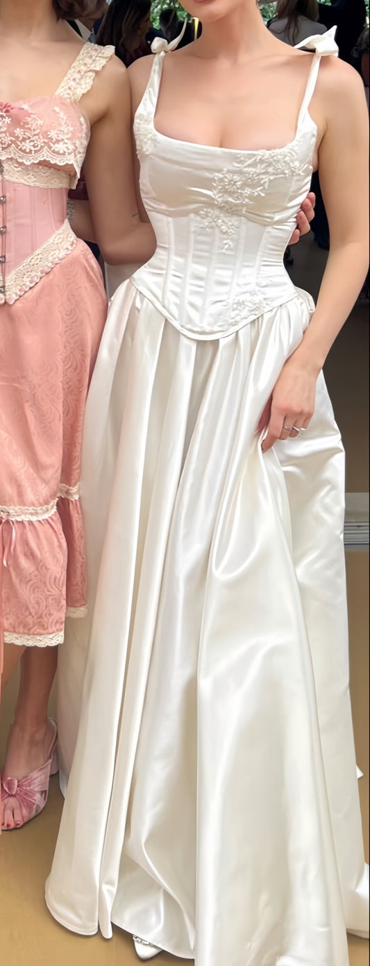 Ivory A-Line Wedding Dress - Satin Bridal Gown with Appliques