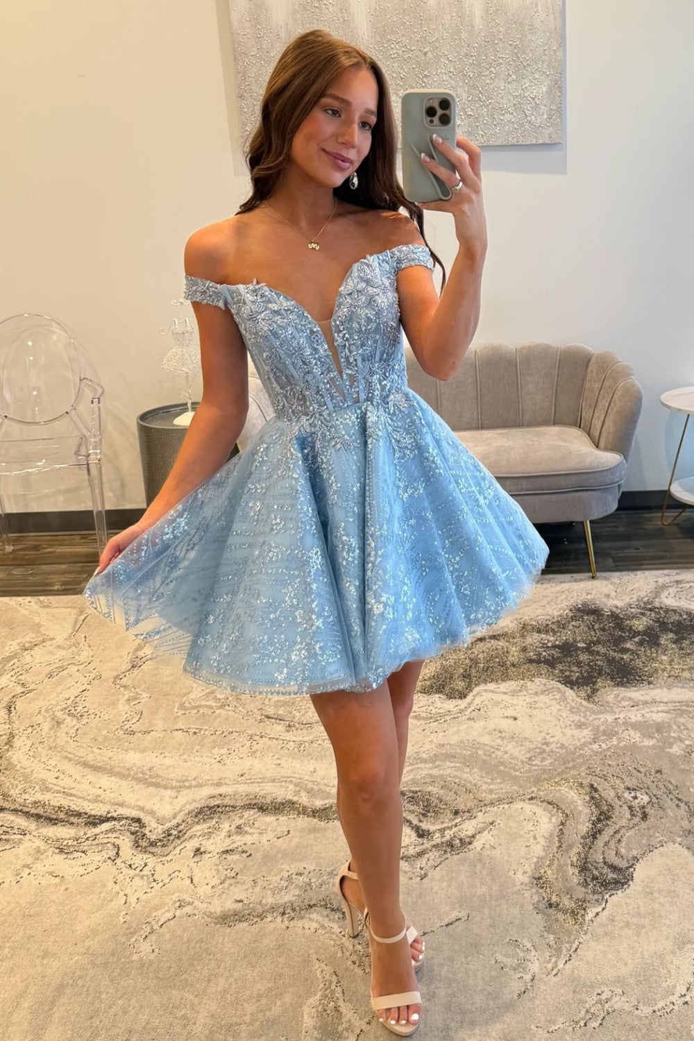 Elegant Light Blue Off Shoulder Lace Homecoming Dress with Glitter Tulle Skirt