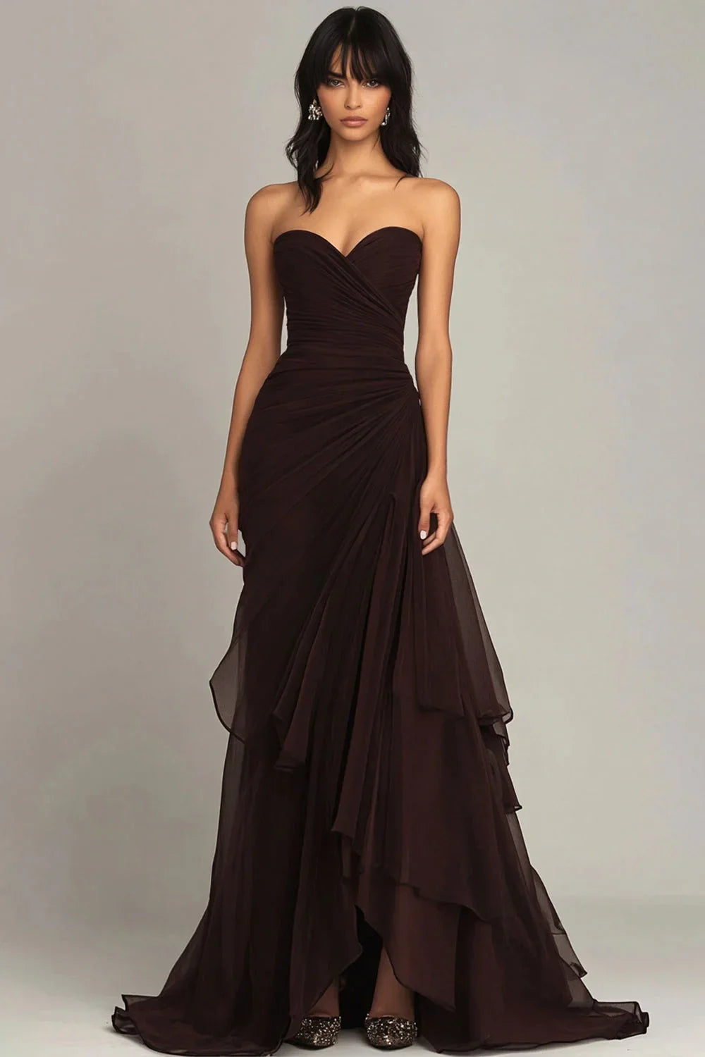 Elegant Mermaid Sweetheart Long Ruched Prom Dress with Layered Skirt