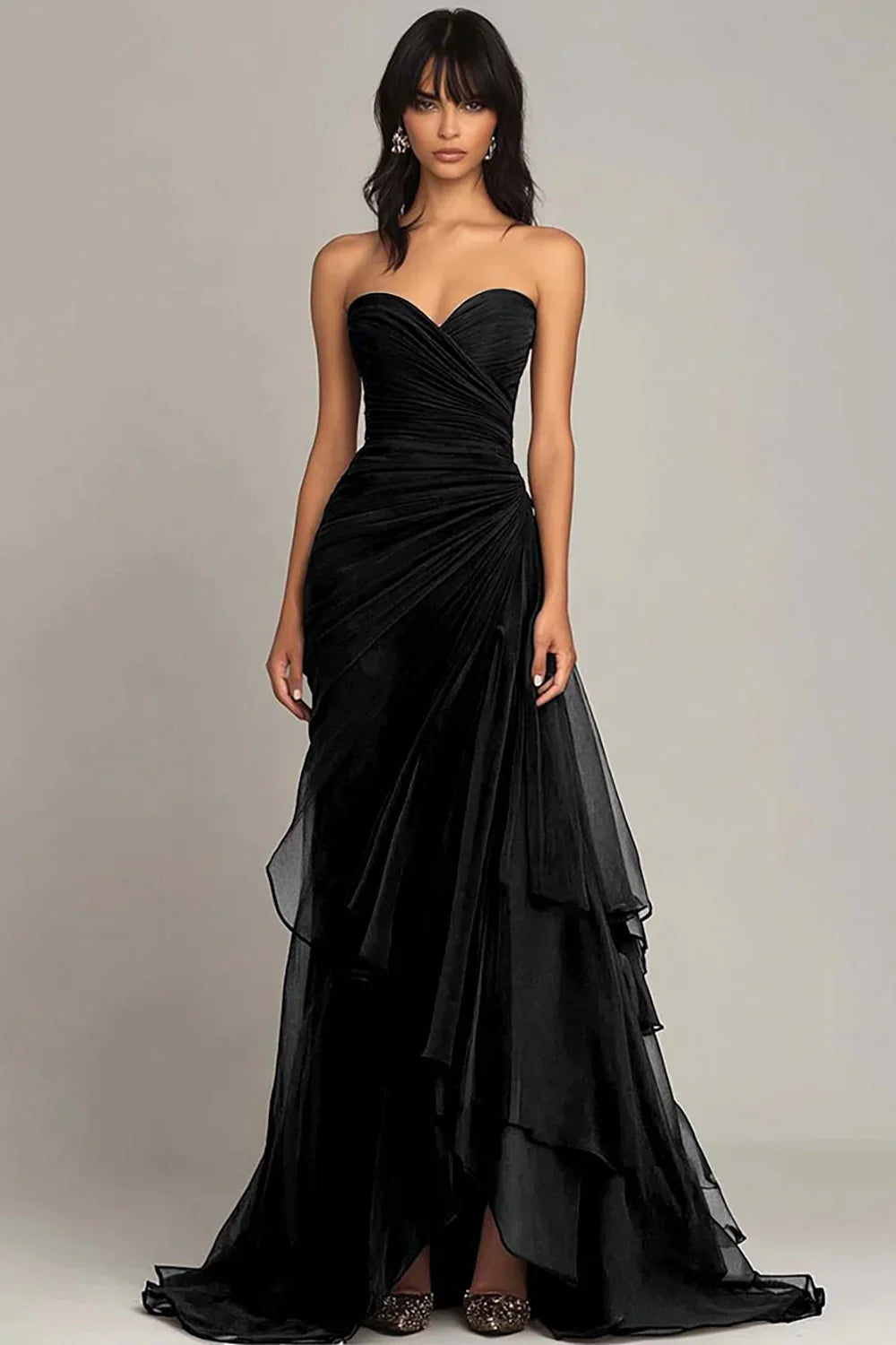 Elegant Mermaid Sweetheart Long Ruched Prom Dress with Layered Skirt