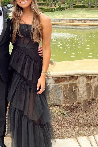 PM414,Elegant A-line Layered Tulle Black Prom Dress,Sheer Corset Long Evening Dress,Black Graduation Dres