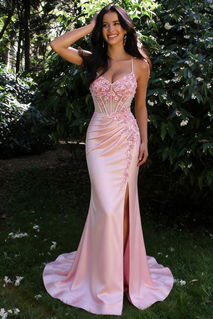 Elegant Pink Satin Prom Dress with Floral Embellishments and Side Slit