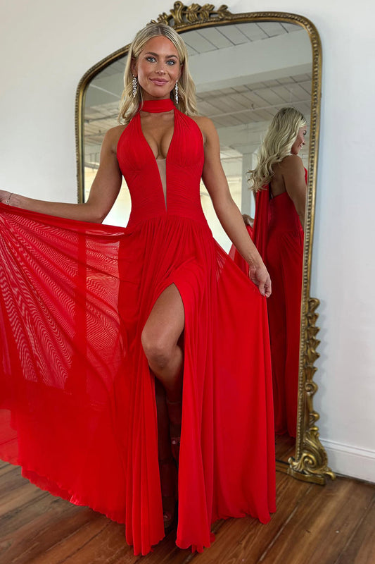 Elegant Red Chiffon Prom Dress Halter Style with Plunging V Neck and Leg Slit