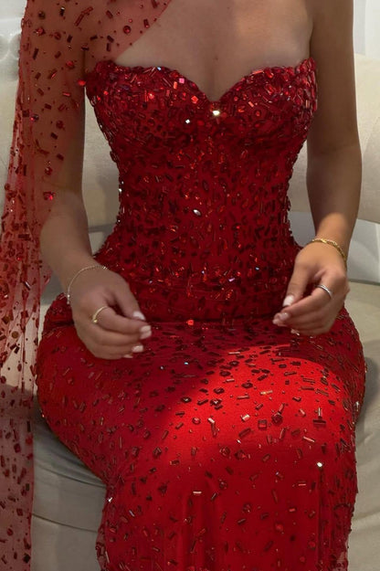 Elegant Red Sweetheart Beaded Fitted Mermaid Prom Dress with Scarf