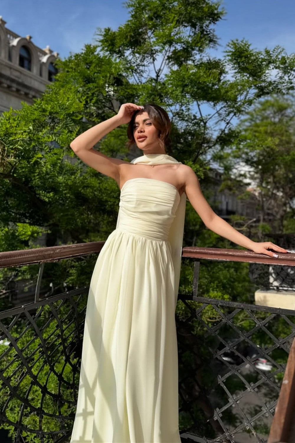 Elegant Strapless A-Line Chiffon Long Prom Dress with Scarf Detail