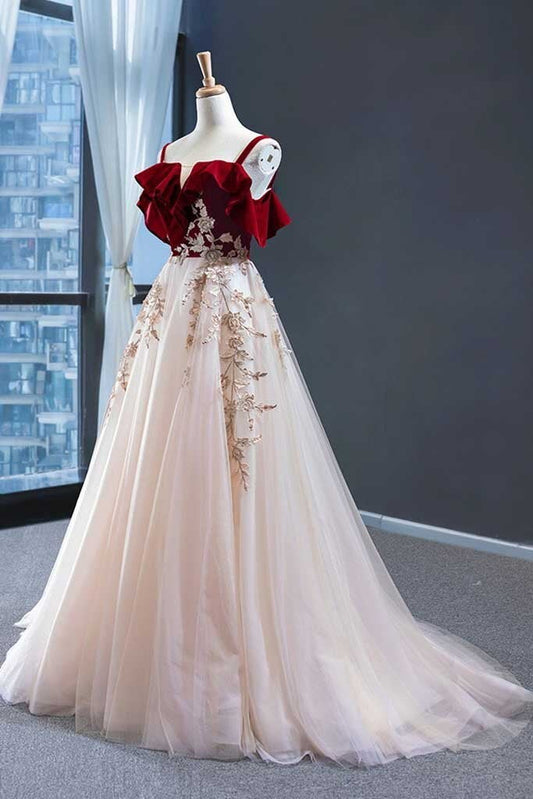 Elegant Straps Tulle with Velvet Red Long Prom Formal Dress,Maxi Dresses