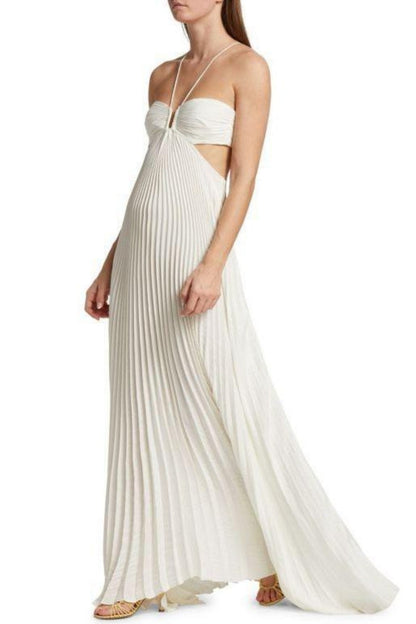 Elegant White Pleated Cutout Halter Maxi Prom Dress