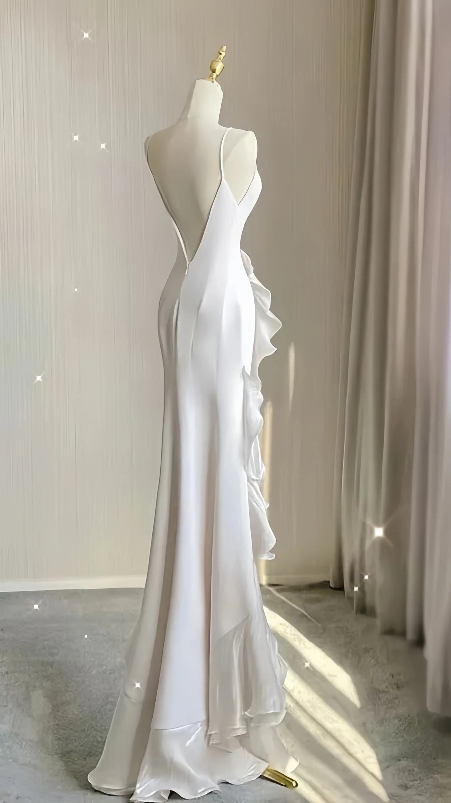 Elegant White Sheath Prom Dresses V-back Ruffle Evening Party Dress,AST2268