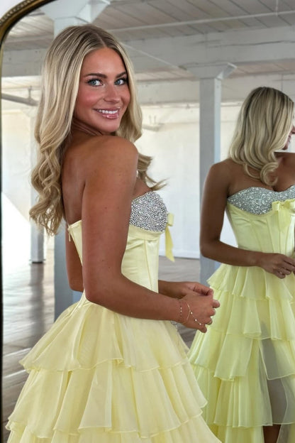 Elegant Yellow A-Line Tiered Ruffle Prom Dress with Sparkling Bodice