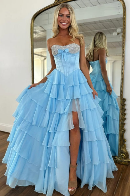 Elegant Yellow A-Line Tiered Ruffle Prom Dress with Sparkling Bodice