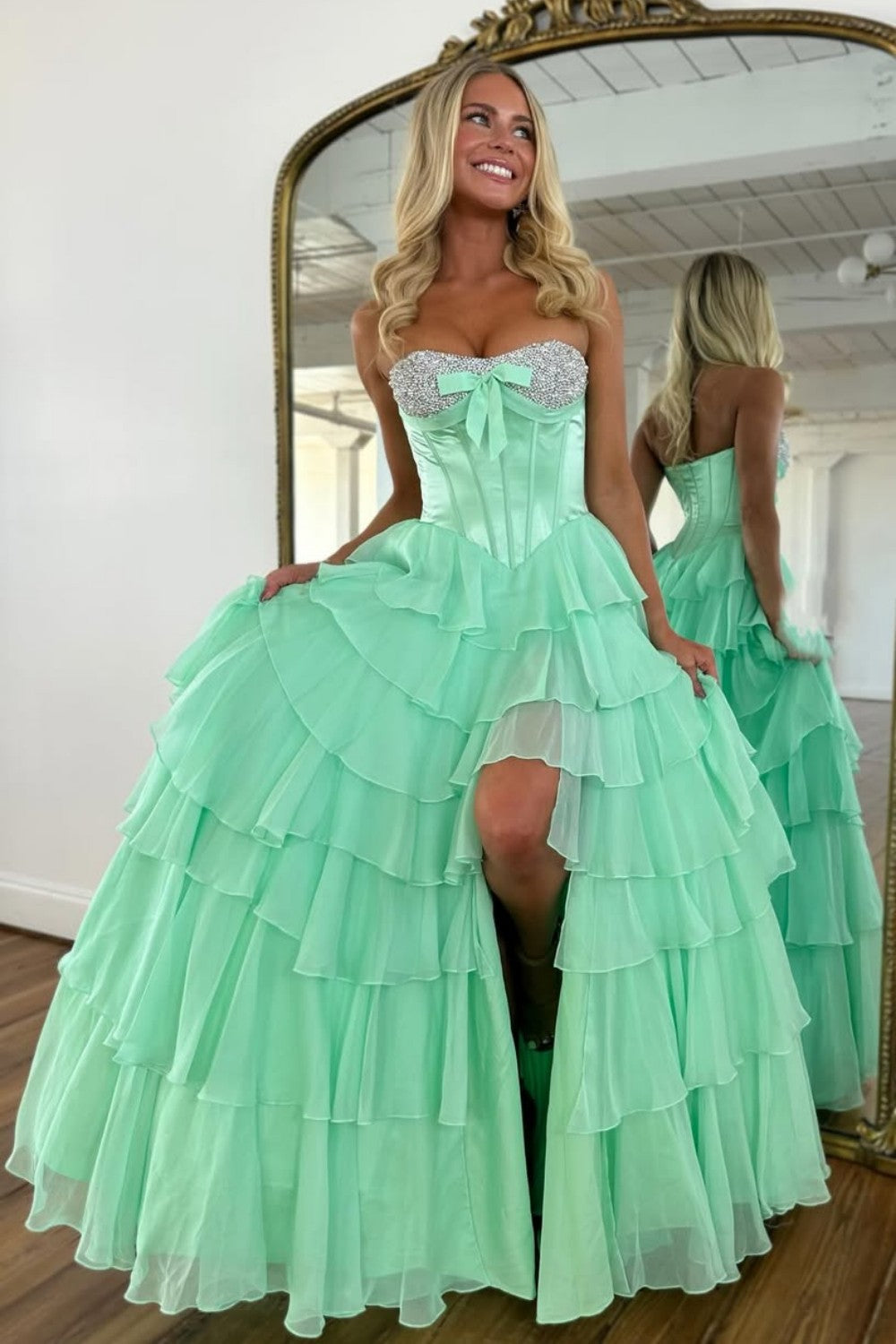 Elegant Yellow A-Line Tiered Ruffle Prom Dress with Sparkling Bodice