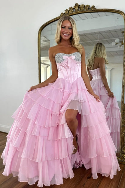 Elegant Yellow A-Line Tiered Ruffle Prom Dress with Sparkling Bodice