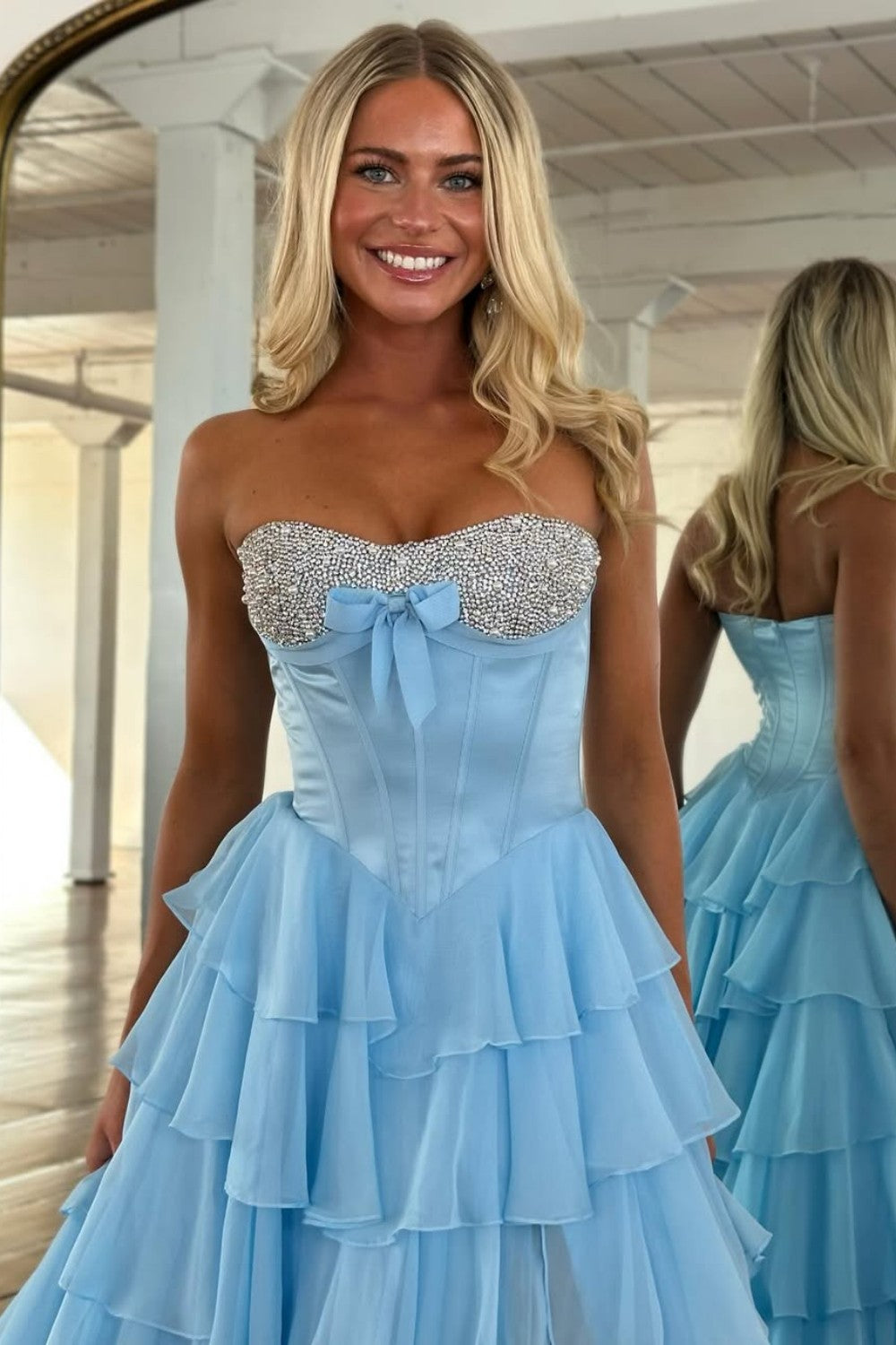 Elegant Yellow A-Line Tiered Ruffle Prom Dress with Sparkling Bodice