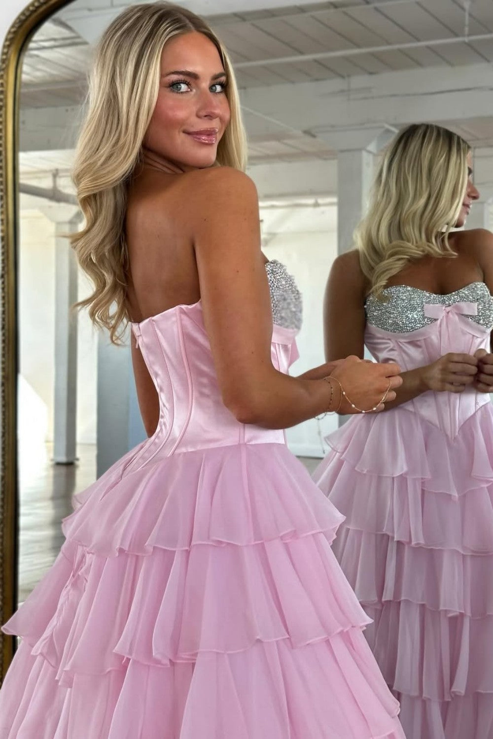 Elegant Yellow A-Line Tiered Ruffle Prom Dress with Sparkling Bodice